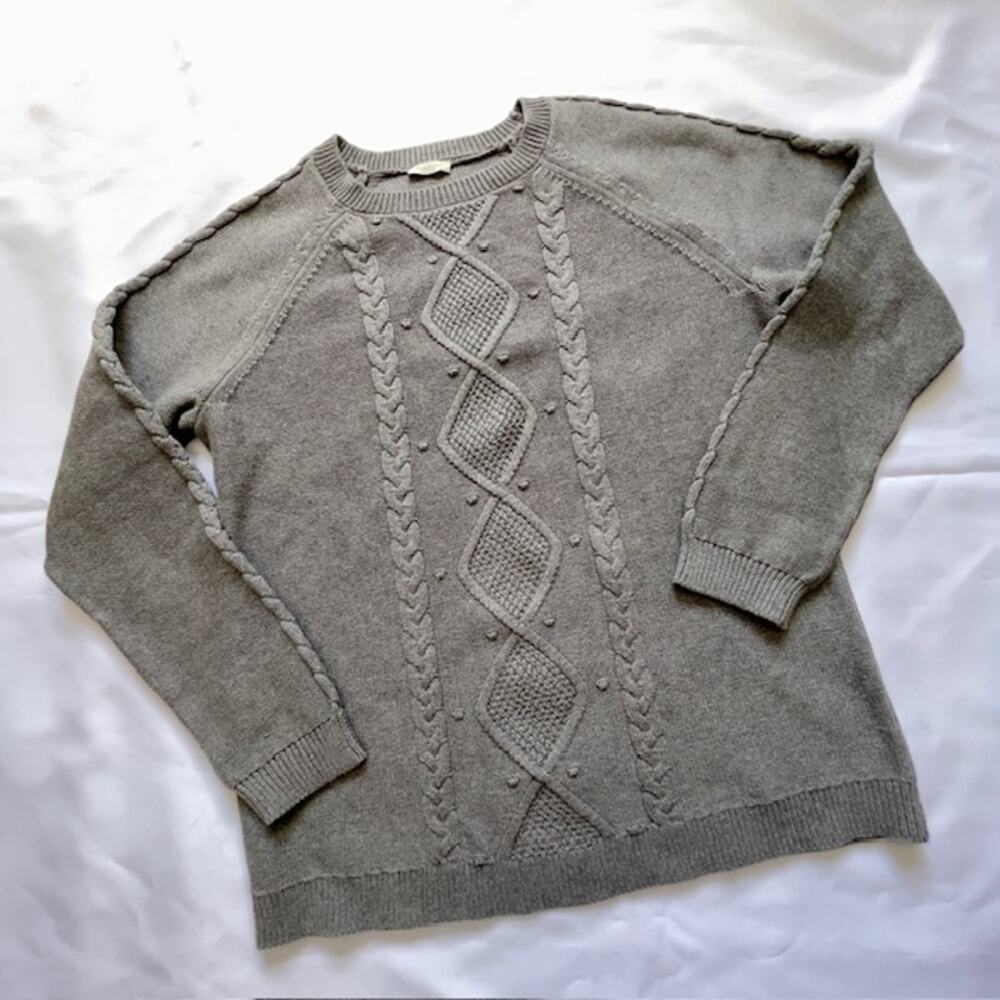 Talbots Classic Cable Knit Cotton Sweater Neutral Gray Textured Crewneck Large